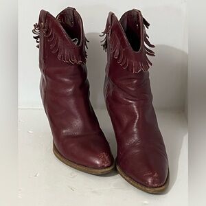 Women's Burgundy Fringe Leather Ankle Boots